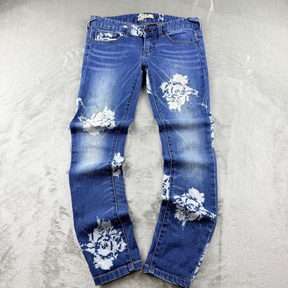 Free People Women's 25 Floral Print Skinny Jeans Blue White Rose Low Rise Denim